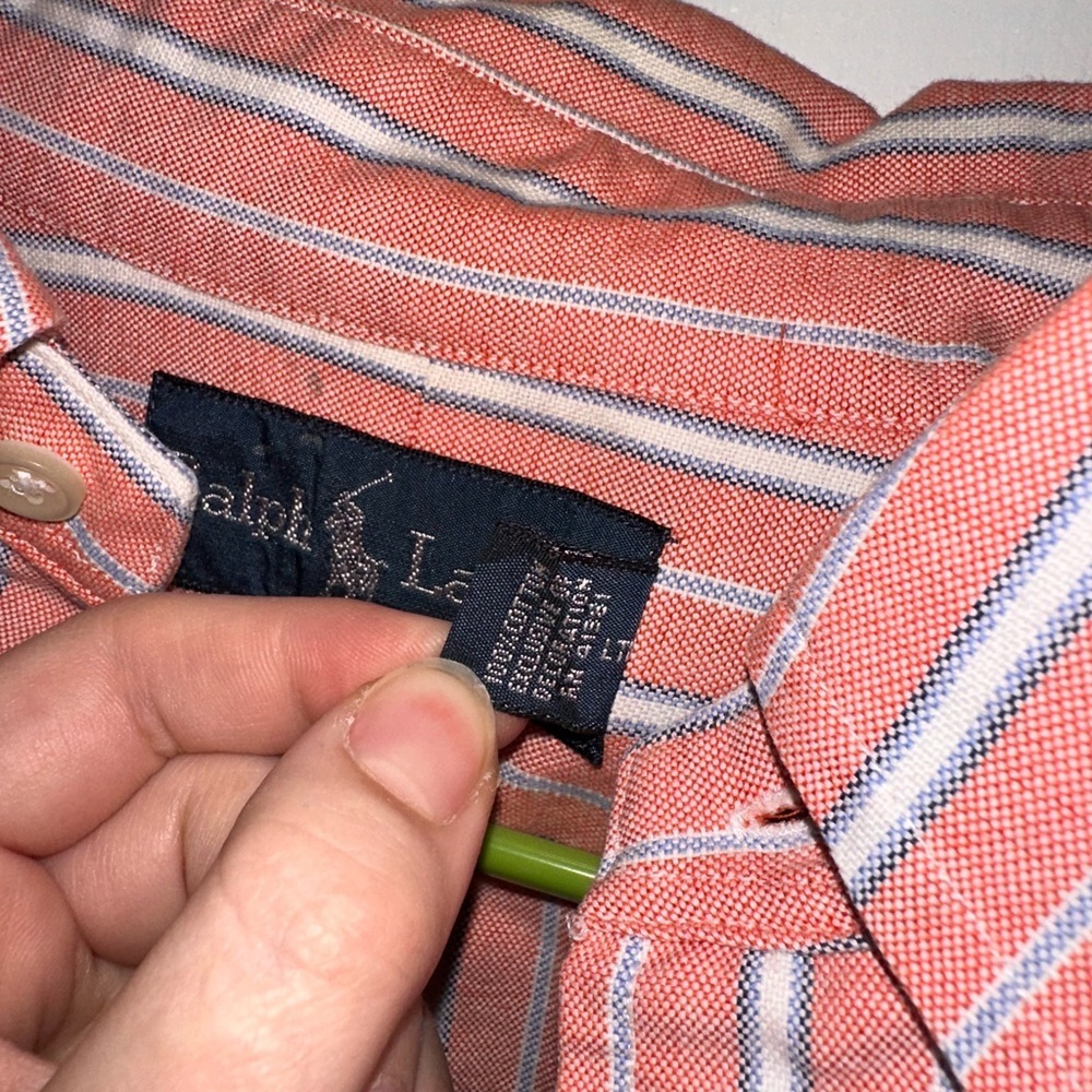 Ralph Lauren peach striped 100% cotton button up Men’s XL - Picture 7 of 8